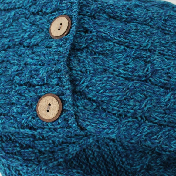 New Irish Aran Button Infinity Scarf Wool Blue Tan - Picture 3 of 9